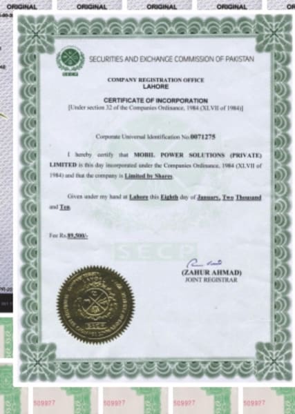 SECP company registration certificate issued to Mobil Power Solutions Pvt. Ltd.