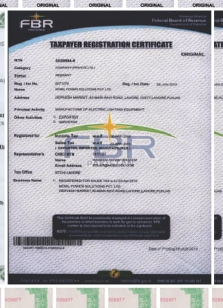 FBR taxpayer registration certificate issued to Mobil Power Solutions Pvt. Ltd.