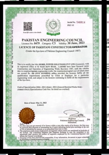 PEC engineering council c3 license certificate issued to Mobil Power Solutions Pvt. Ltd.