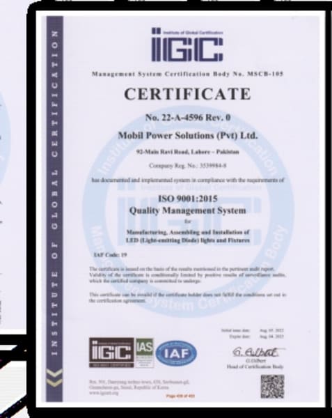ISO 9001:2015 quality management system certificate issued to Mobil Power Solutions Pvt. Ltd.